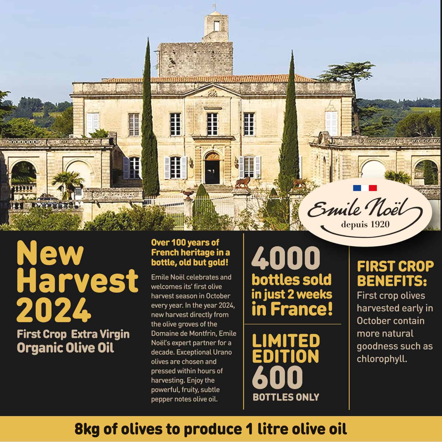 Emile Noel First Crop Organic Extra Virgin Olive Oil, 500ml | 2024
